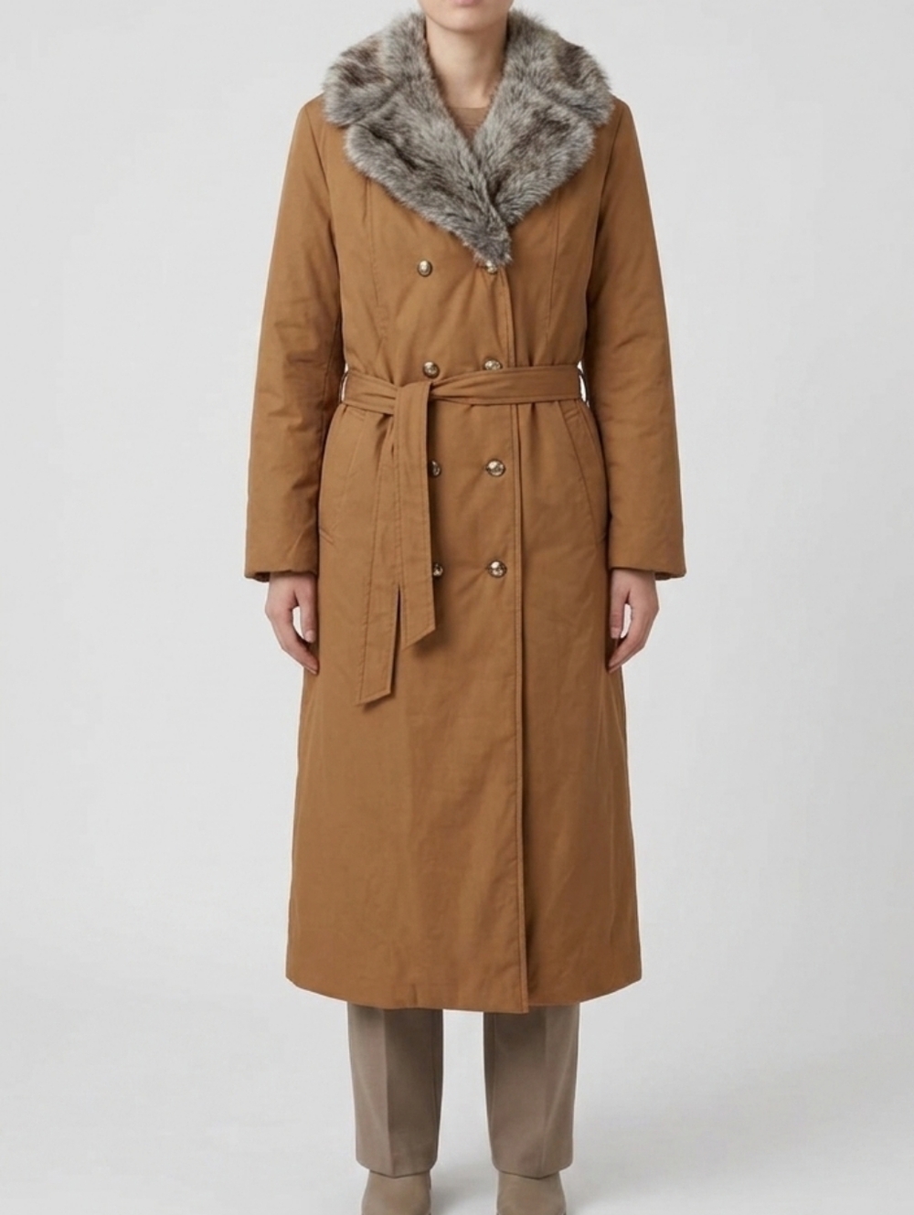 Vintage Trench Coat Womens Fur Trim Rust/Brown Belted Long Lined Fur